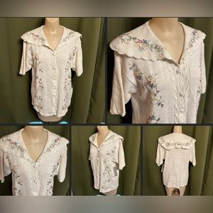 Vintage NOS Carolyn Taylor Embroidered Granny Cottagecore Cardigan Sweater M